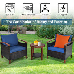 3 Piece Patio Rattan Set with Acacia Wood Arms and Legs, 2 Chairs Rated 360 lb with Blue Cushions and 2 Tier Round Table
