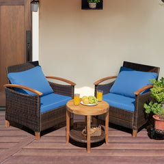 3 Piece Patio Rattan Set with Acacia Wood Arms and Legs, 2 Chairs Rated 360 lb with Blue Cushions and 2 Tier Round Table