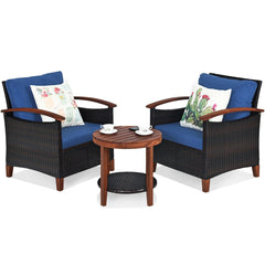 3 Piece Patio Rattan Set with Acacia Wood Arms and Legs, 2 Chairs Rated 360 lb with Blue Cushions and 2 Tier Round Table