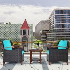 3 Piece Patio Rattan Set with Acacia Wood Arms and Legs, 2 Chairs Rated 360 lb with Turquoise Cushions and 2 Tier Round Table