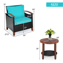 3 Piece Patio Rattan Set with Acacia Wood Arms and Legs, 2 Chairs Rated 360 lb with Turquoise Cushions and 2 Tier Round Table