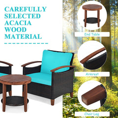 3 Piece Patio Rattan Set with Acacia Wood Arms and Legs, 2 Chairs Rated 360 lb with Turquoise Cushions and 2 Tier Round Table
