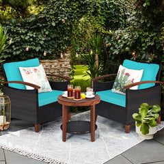 3 Piece Patio Rattan Set with Acacia Wood Arms and Legs, 2 Chairs Rated 360 lb with Turquoise Cushions and 2 Tier Round Table