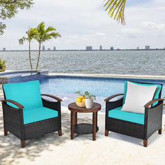 3 Piece Patio Rattan Set with Acacia Wood Arms and Legs, 2 Chairs Rated 360 lb with Turquoise Cushions and 2 Tier Round Table