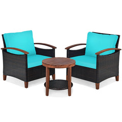 3 Piece Patio Rattan Set with Acacia Wood Arms and Legs, 2 Chairs Rated 360 lb with Turquoise Cushions and 2 Tier Round Table