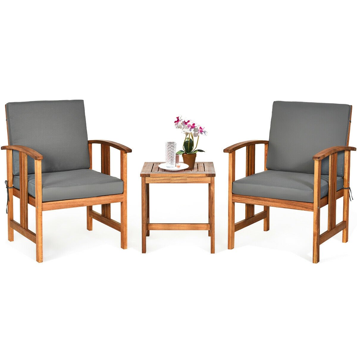 3 Piece Acacia Wood Patio Sofa Set, 2 Chairs Rated 360 lb with Grey Cushions on Hidden Zips and 18 in Side Table