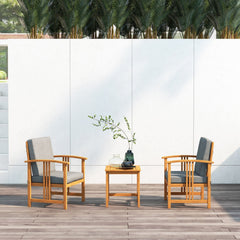 3 Piece Acacia Wood Patio Sofa Set, 2 Chairs Rated 360 lb with Grey Cushions on Hidden Zips and 18 in Side Table
