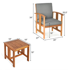 3 Piece Acacia Wood Patio Sofa Set, 2 Chairs Rated 360 lb with Grey Cushions on Hidden Zips and 18 in Side Table