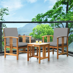 3 Piece Acacia Wood Patio Sofa Set, 2 Chairs Rated 360 lb with Grey Cushions on Hidden Zips and 18 in Side Table