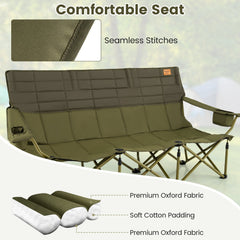 3 Person Folding Camping Chair with 2 Cup Holders Cotton Padding & Storage Bag-Green