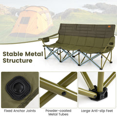 3 Person Folding Camping Chair with 2 Cup Holders Cotton Padding & Storage Bag-Green