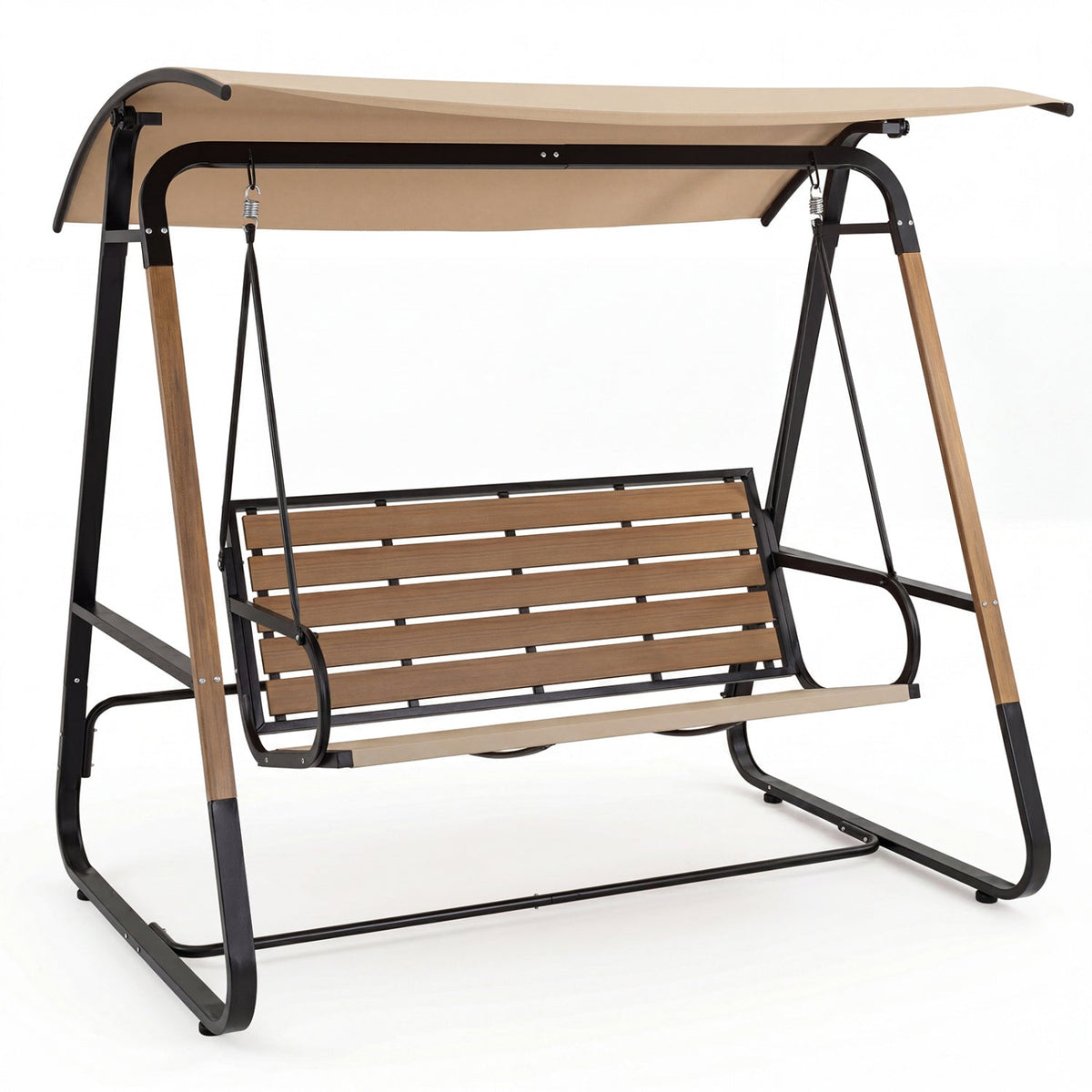 3-Person Porch Swing, Outdoor Swing with Adjustable Canopy-Beige