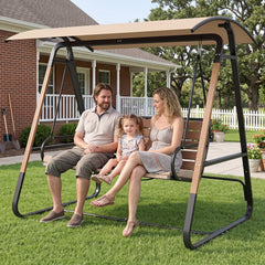 3-Person Porch Swing, Outdoor Swing with Adjustable Canopy-Beige