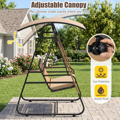 3-Person Porch Swing, Outdoor Swing with Adjustable Canopy-Beige