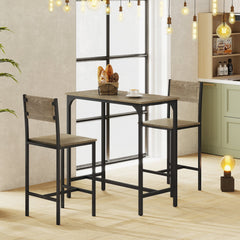 3 Piece Bar Table Set with Backrest and Footrest for Small Space-Gray