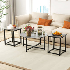 3-Piece Coffee Table Set, Round Coffee Table with 2 Square End Tables, Grey