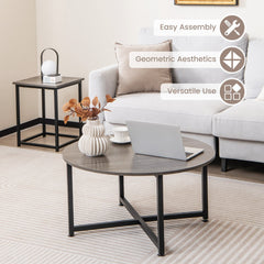 3-Piece Coffee Table Set, Round Coffee Table with 2 Square End Tables, Grey