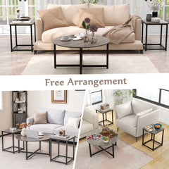 3-Piece Coffee Table Set, Round Coffee Table with 2 Square End Tables, Grey