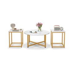3-Piece Coffee Table Set, Round Coffee Table with 2 Square End Tables, White and Gold