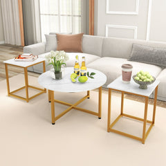 3-Piece Coffee Table Set, Round Coffee Table with 2 Square End Tables, White and Gold