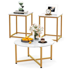 3-Piece Coffee Table Set, Round Coffee Table with 2 Square End Tables, White and Gold