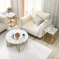 3-Piece Coffee Table Set, Round Coffee Table with 2 Square End Tables, White and Gold