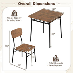 3 Piece Dining Table Set for 2 Wood Square Table with Metal Frame-Brown