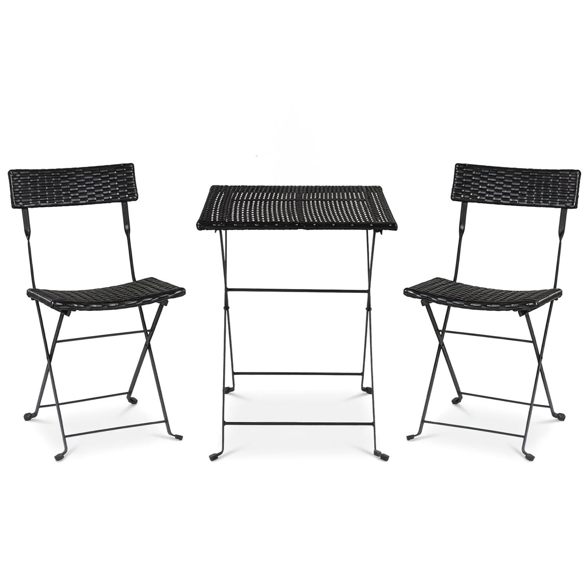 3 Piece Folding Bistro Set, Black PE Wicker Square Table and 2 Chairs on X Shaped Metal Frames