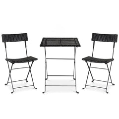 3 Piece Folding Bistro Set, Black PE Wicker Square Table and 2 Chairs on X Shaped Metal Frames