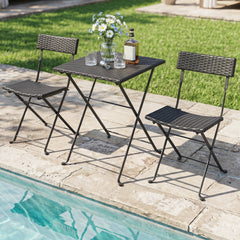 3 Piece Folding Bistro Set, Black PE Wicker Square Table and 2 Chairs on X Shaped Metal Frames