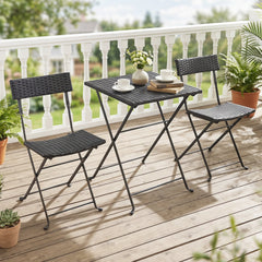 3 Piece Folding Bistro Set, Black PE Wicker Square Table and 2 Chairs on X Shaped Metal Frames