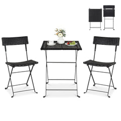3 Piece Folding Bistro Set, Black PE Wicker Square Table and 2 Chairs on X Shaped Metal Frames