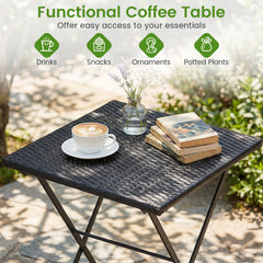 3 Piece Folding Bistro Set, Black PE Wicker Square Table and 2 Chairs on X Shaped Metal Frames