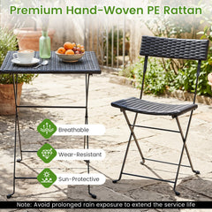 3 Piece Folding Bistro Set, Black PE Wicker Square Table and 2 Chairs on X Shaped Metal Frames