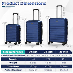 3-Piece Hardside Luggage Set Lightweight Hardside Suitcases with 8-Spinner Wheels-Navy