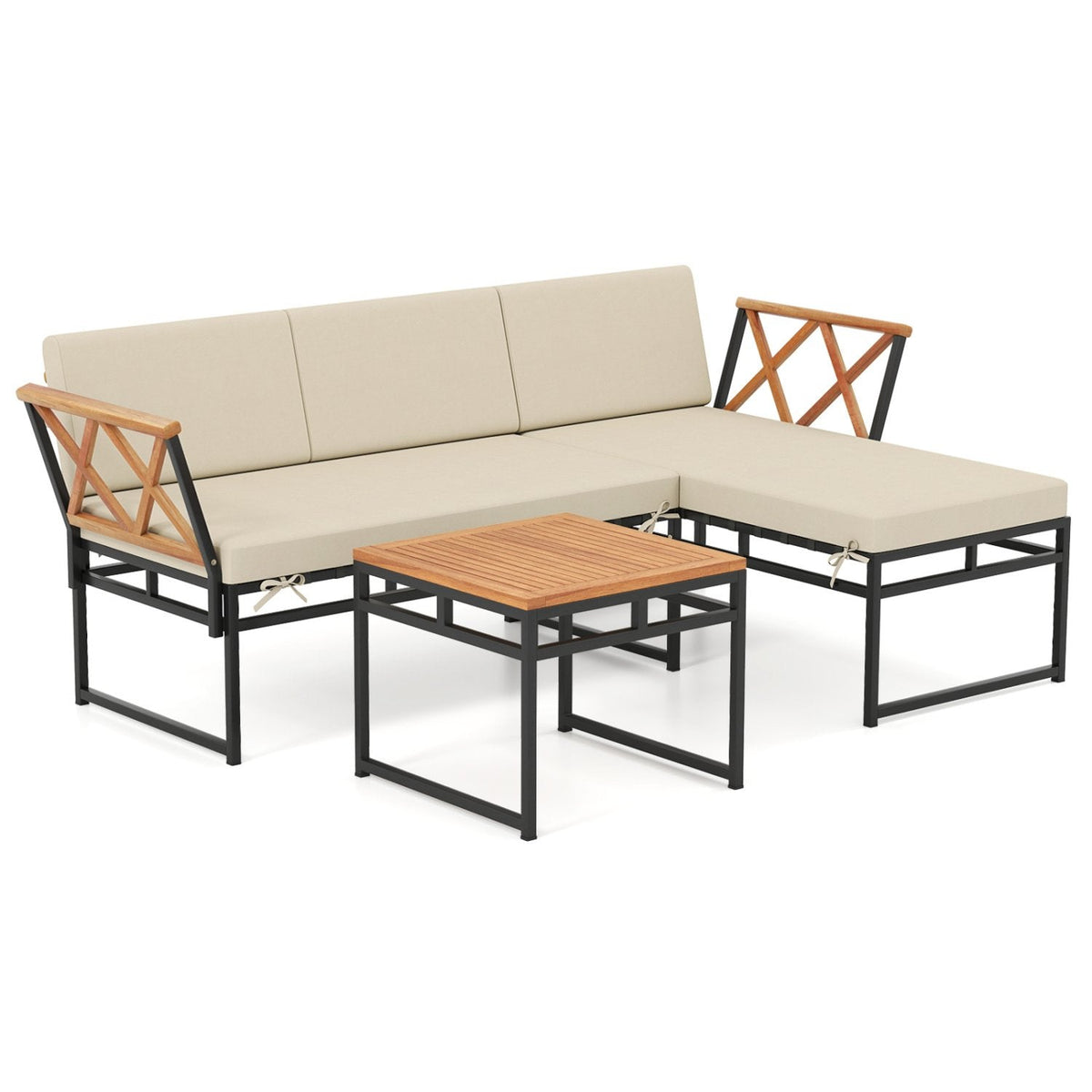 3 Piece L Shaped Patio Sectional Set, Acacia and Metal Loveseat and Chaise Rated 800 lb Each with Beige Cushions and a 20 in Acacia Table