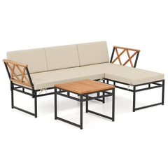 3 Piece L Shaped Patio Sectional Set, Acacia and Metal Loveseat and Chaise Rated 800 lb Each with Beige Cushions and a 20 in Acacia Table