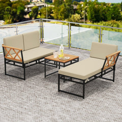3 Piece L Shaped Patio Sectional Set, Acacia and Metal Loveseat and Chaise Rated 800 lb Each with Beige Cushions and a 20 in Acacia Table