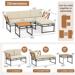 3 Piece L Shaped Patio Sectional Set, Acacia and Metal Loveseat and Chaise Rated 800 lb Each with Beige Cushions and a 20 in Acacia Table