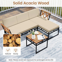 3 Piece L Shaped Patio Sectional Set, Acacia and Metal Loveseat and Chaise Rated 800 lb Each with Beige Cushions and a 20 in Acacia Table