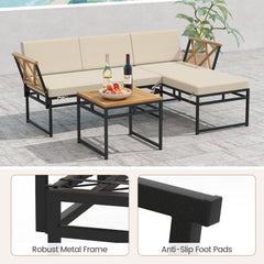 3 Piece L Shaped Patio Sectional Set, Acacia and Metal Loveseat and Chaise Rated 800 lb Each with Beige Cushions and a 20 in Acacia Table