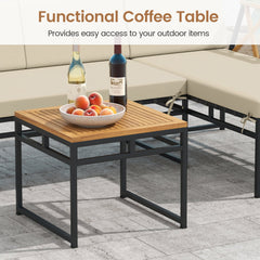 3 Piece L Shaped Patio Sectional Set, Acacia and Metal Loveseat and Chaise Rated 800 lb Each with Beige Cushions and a 20 in Acacia Table