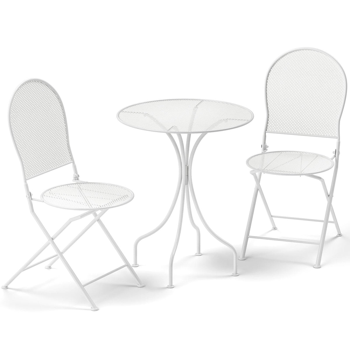 3 Piece White Metal Bistro Set, 24 Inch Round Patio Table and 2 Folding Chairs That Store 5 Inches Flat