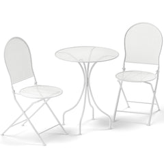 3 Piece White Metal Bistro Set, 24 Inch Round Patio Table and 2 Folding Chairs That Store 5 Inches Flat