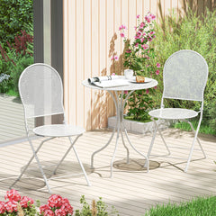 3 Piece White Metal Bistro Set, 24 Inch Round Patio Table and 2 Folding Chairs That Store 5 Inches Flat