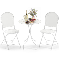 3 Piece White Metal Bistro Set, 24 Inch Round Patio Table and 2 Folding Chairs That Store 5 Inches Flat