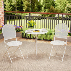 3 Piece White Metal Bistro Set, 24 Inch Round Patio Table and 2 Folding Chairs That Store 5 Inches Flat