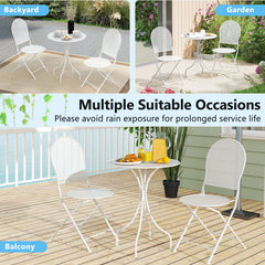 3 Piece White Metal Bistro Set, 24 Inch Round Patio Table and 2 Folding Chairs That Store 5 Inches Flat