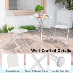 3 Piece White Metal Bistro Set, 24 Inch Round Patio Table and 2 Folding Chairs That Store 5 Inches Flat