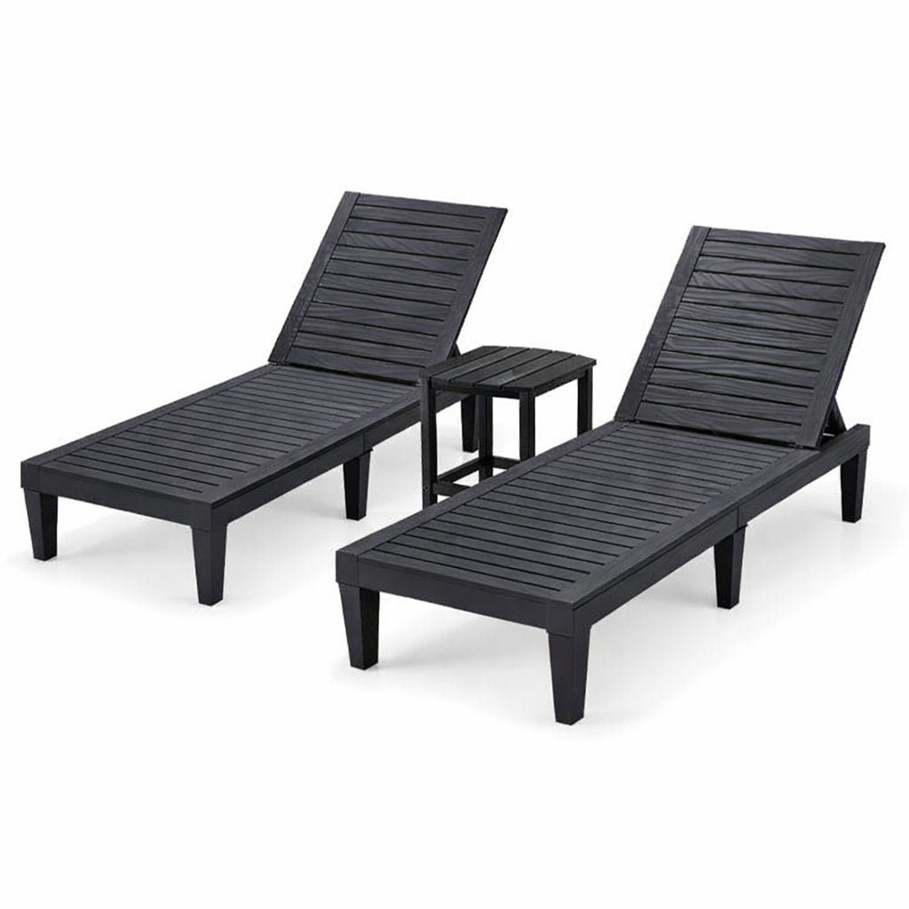 3 Piece Outdoor Lounge Set, Two Slatted Recliners and an HDPE Side Table